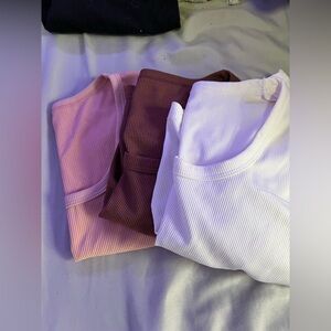 SHEIN Long Sleeve Ribbed Tees - Pink, Brown, White